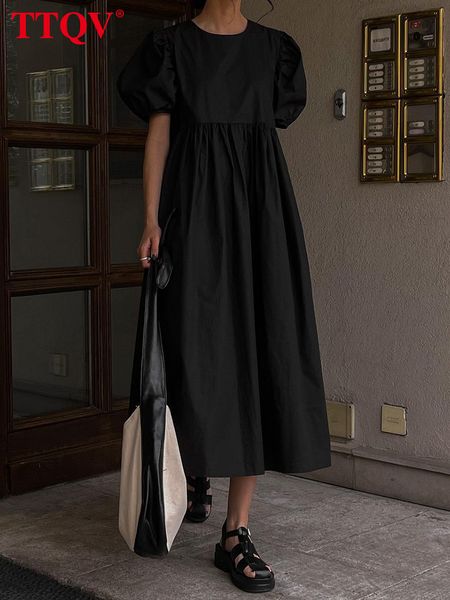 

casual dresses ttqv casual loose black women's summer o-neck short sleeve office midi dress elegant high waist a-line women's dres, Black;gray