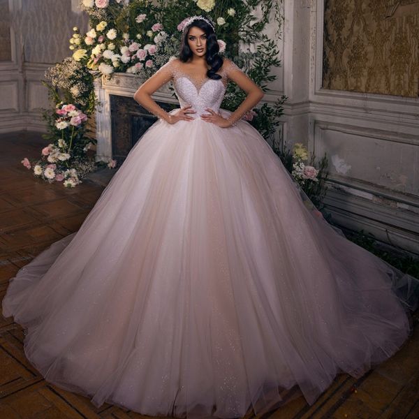 

2023 elegant princess wedding dress beading pearls sweetheart puffy sliky tulle bridal gowns illusion arabic dubai vestidos de noiva robe de, White
