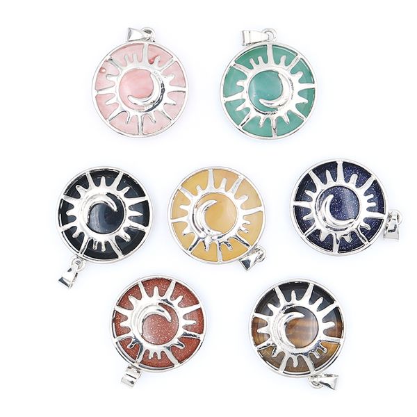 

natural stone sun moon charms crystal agate beads round pendant handmade for jewelry marking, Bronze;silver