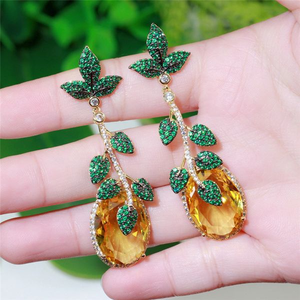 

luxury vintage charm leaf designer earring for woman party yellow aaa cubic zirconia south american copper long womens diamond earrings jewe, Golden
