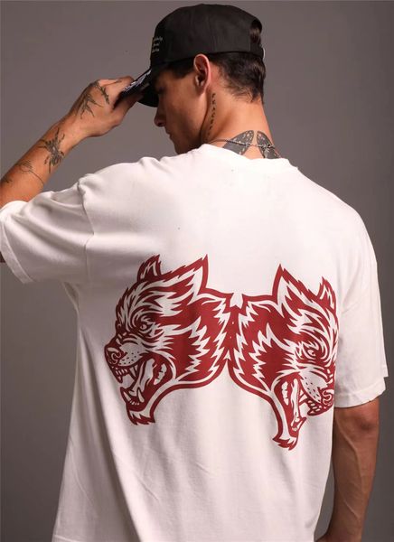 

men's t-shirts oversized black and white 240g cotton hip-hop street clothing wolf print men's summer short sleeved t-shirt loose 2, White;black