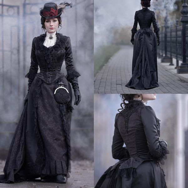 

vintage victorian prom dresses medieval black gothic bustle formal evening gowns for women 2023 3/4 long sleeves civil war historical masque