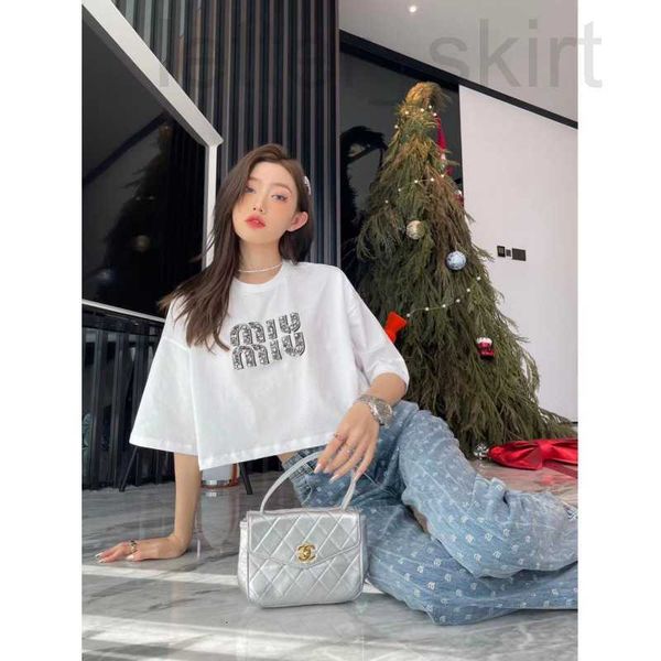

women's t-shirt designer 2023 spring/summer new french style fragrance sweet rhinestone letter loose short sleeve t-shirt women q6mm, White