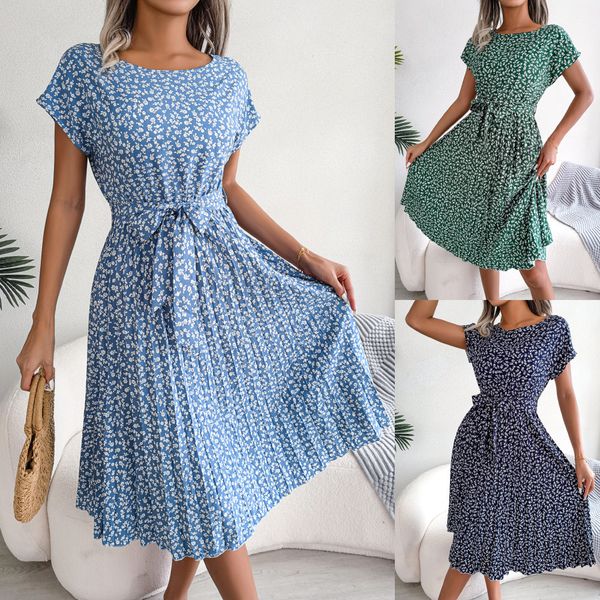 

casual dresses women's floral print dress summer retro pleated short sleeved high waisted fashion dress women's casual lace one li, Black;gray