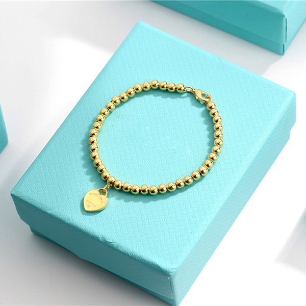 

new 925 sterling silver love t tag bracelets brand luxury couple beaded strands chains heart balls 4mm bead bracelet for women blue box char, Golden;silver