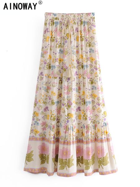 

skirts vintage chic women's multi flower printed beach bohemian maxi skirt women's artificial silk cotton tassel pleated happy boh, Black