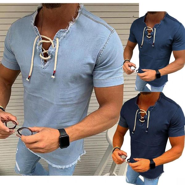 

men's tshirts mens vneck tshirt hollow out laceup shirt casual short sleeve wash vintage denim blouse fitness bodybuilding 230410, White;black