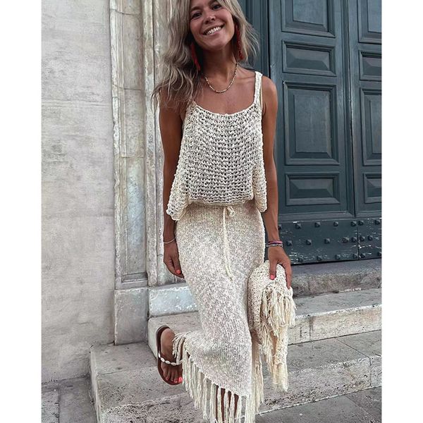 

women's swimwear 2023 cover-ups knitted see through mesh beach cover summer camisole blouse tassel long skirt two-piece set hollow out, White;black