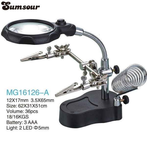

magnifying glasses 12x 3rd helping hand clip clamp led magnifying glass soldering iron stand magnifier welding rework repair holder tools c0