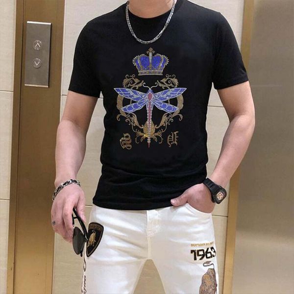 

men's t-shirts luxury rhinestone design pure cotton loose comfortable tees fashionable summer wear male 4xl clothing, White;black