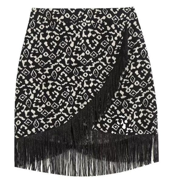

skirts zevity women's vintage geometric print hem tassel panel mini leather faldas women's fashion zipper tank qun3418 230410, Black