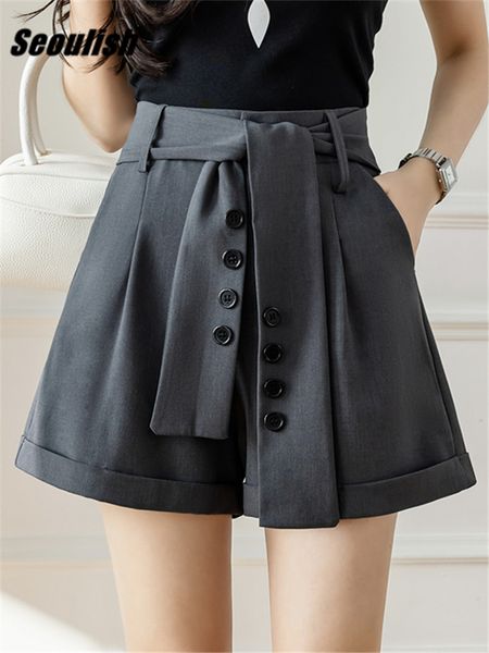 

women's shorts seoulish elegant women's set shorts summer high waist casual loose wide leg shorts women's trousers pockets 23, White;black