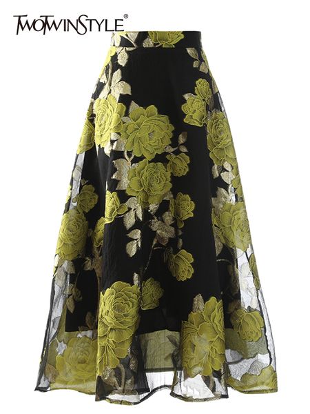 

skirts twotwinstyle retro printed flower women's high waist a-line colorful lock loose midi women's summer fashion 230410, Black