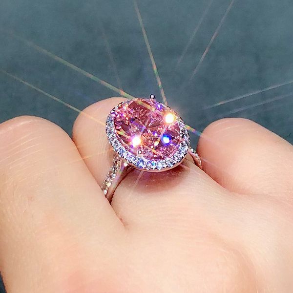

women's ring micro-set egg-shaped diamond color pink zirconia ring luxury temperament large egg-shaped diamond ring, Silver