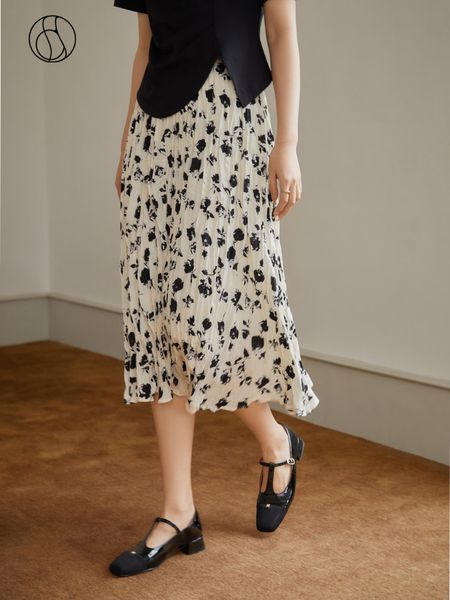 

skirts dushu office women's heavy fold flower women's dress summer fold high waist vintage elegant a-line dress 230410, Black