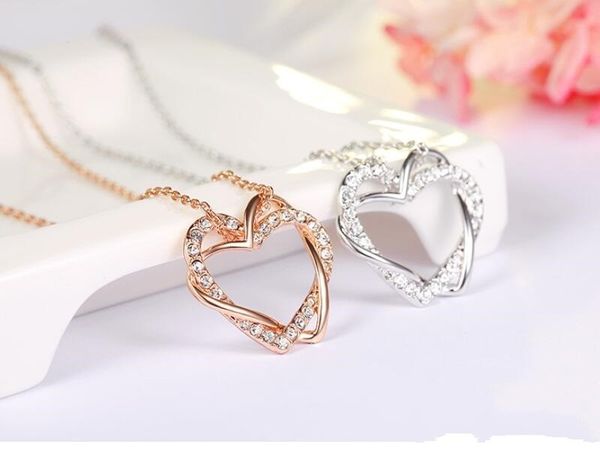 

12 sets 2 colour entangled peach heart pendant necklace ear studs ring suit inlaid zircon rhinestone twinkle valentine's day gift jewel, Silver