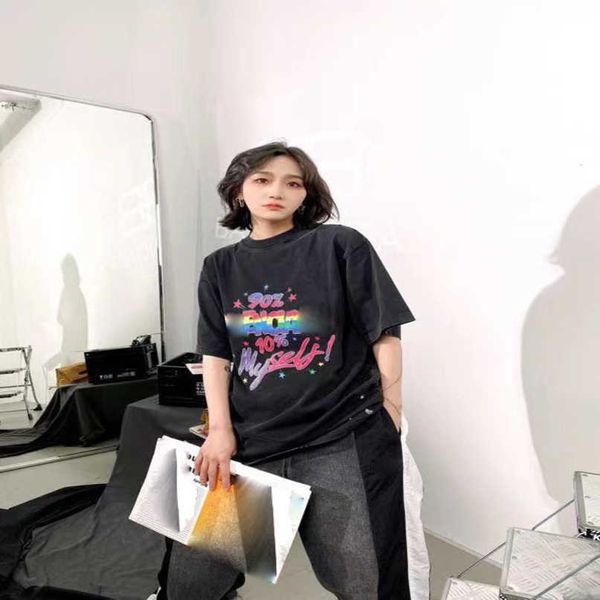 

designer new women t shirt high edition oversize colorful 90% letter print washed worn out old made sleeve t-shirt, White