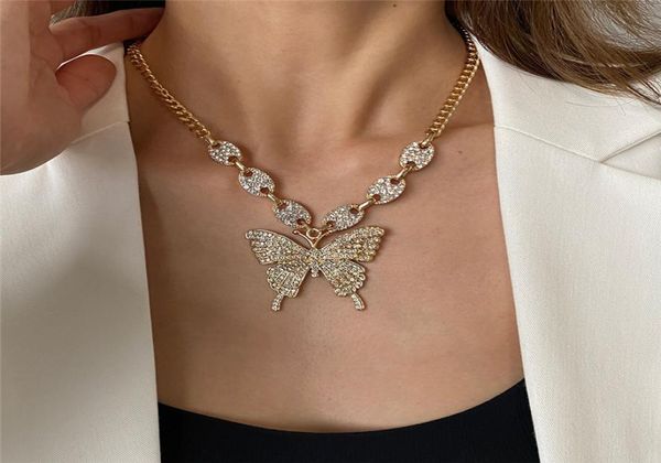 

iced out butterfly necklaces luxury cuban link chains fashion party jewelry gift for women girls crystal rhinestone animal pendant1255208, Silver