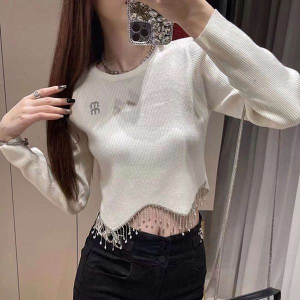 

Woman Clothing Fashion Wear Slim Fit 2023 Early Autumn New Short Round Neck Knitted Long Sleeve Perforated Tassel Edge Top, Black