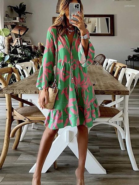 

elegant boho print dress women v-neck flare sleeve casual loose a-line dress spring ladies vacation shirt dresses vestidos, Black;gray