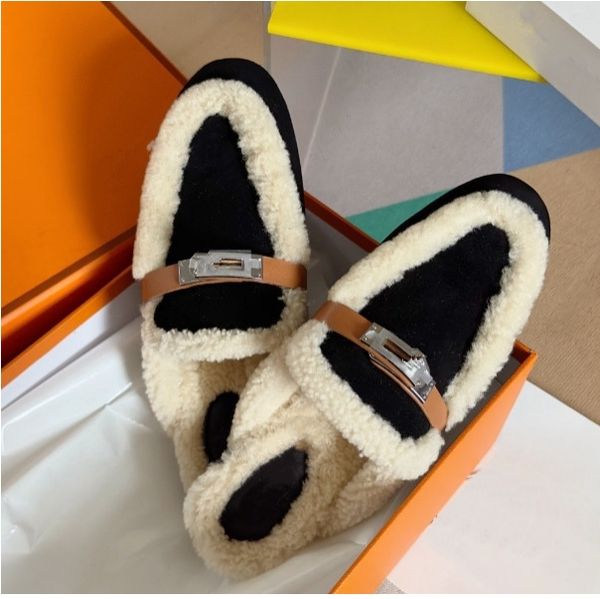 

Designer Platform Shearling Slippers Women Brand Muller Winter Shoes Thick Bottom Faux Fur Furry Fluffy Slides Half Loafer Mules Sneaker Suede Lamb wool slippers, Brown