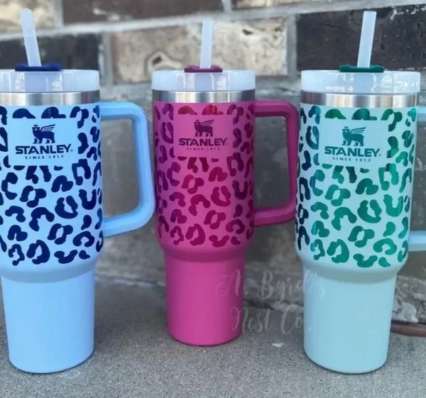

1pc stanliy quencher 40oz tumbler leopard print stainless steel with logo handle lid straw big capacity beer mug water bottle coating outdoo