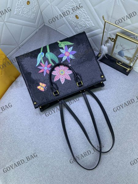 

luxurys designer yk on the go mm gm totes bag embossed monograms floral shoulder bag japan artist dots flowers cross-body shopping bags purs