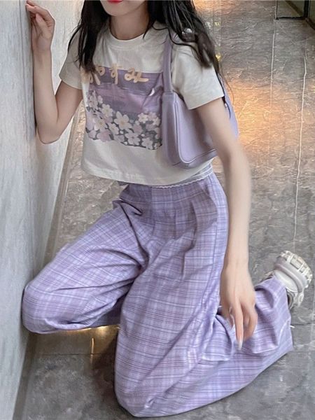 

women's pants s houzhou korean fashion purple plaid pant kawaii soft girl oversize high waist wide leg checked trousers for female 2304, Black;white