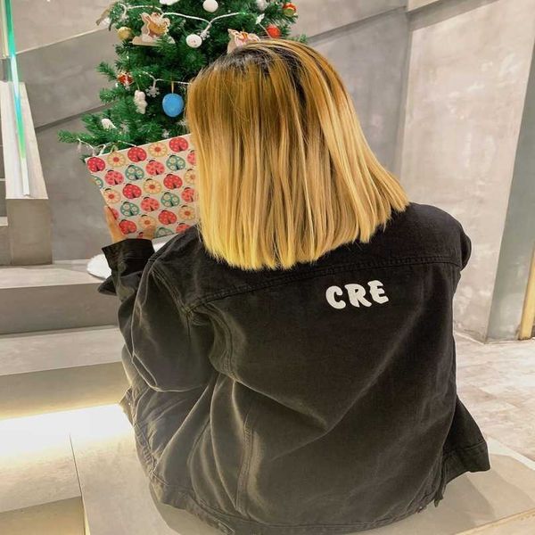 

designer summer women t shirt shirt high edition family autumn winter crew letter embroidery heavy duty wash loose denim jacket, Black;brown