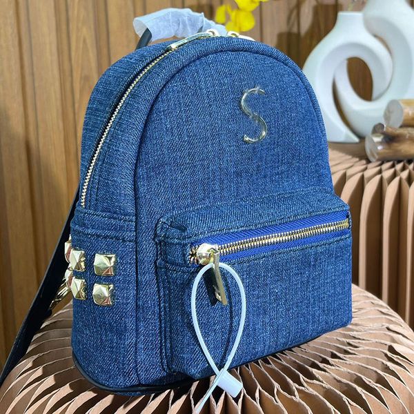 

designer mini denim backpack patchwork bag with leather handle gold metal hardware adjustable strap zip pouch outdoor travel shoulder handba