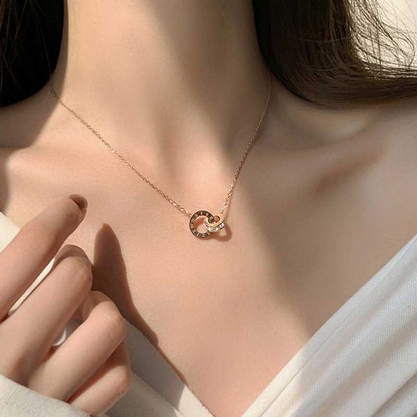 

double ring steel necklace for female niche design interlocking fashion collarbone mesh red classic t-shirt versatile chain, Silver