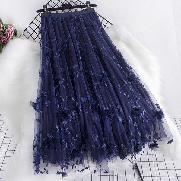 

skirts 3d flower decoration long net skiing summer women's sweet large swing fairy mermaid skiing women's jupes 230410, Black