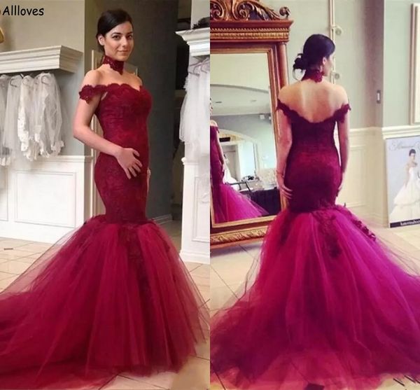 

vintage mermaid burgundy tulle evening dresses for women formal off the shoulder long party gowns lace fishtail tulle plus size second recep, Black;red