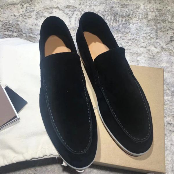 

lp piana couples shoes summer walk charms embellished suede loafers genuine leather casual slip on flats for men luxury designers flat dress, Black