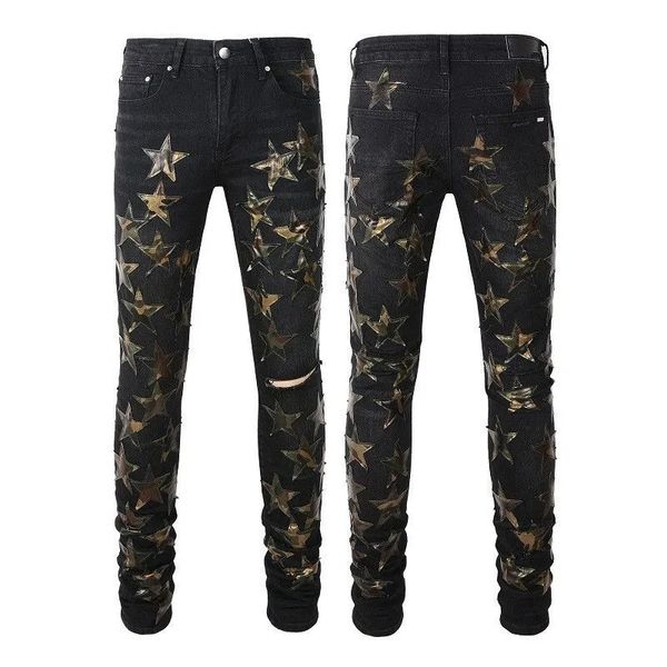 

mens jeans for guys rip slim fit skinny man pants orange star patches wearing biker denim stretch cult motorcycle trendy long straight hip h, Blue