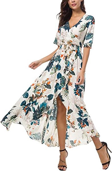 

womens short sleeve floral high low v-neck flowy party long maxi dress, Black