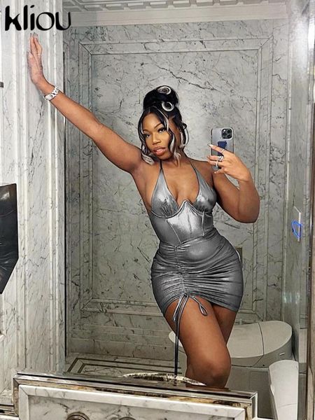 

casual dresses kliou cleavage shiny halter mini dress women party club drawstring bandage sleeveless skinny robe backless lady attirewear 23, Black;gray
