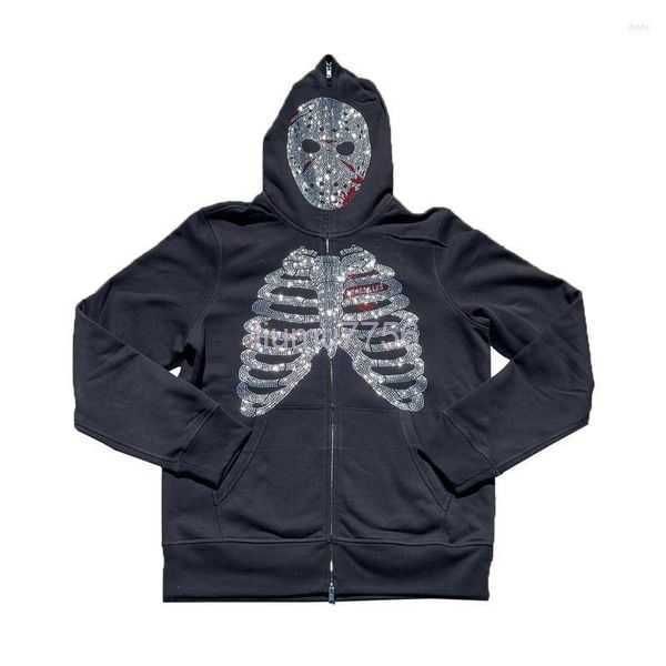 

men's hoodies y2k full zip up hoodie men autumn winter gothic rhinestones web sweatshirt hip hop grunge skeleton oversized jacket rfr0, Black