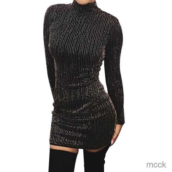 

casual dresses glitter turtleneck long sleeve party dress women diamonds shinny bodycon dresses vestidos verano 2019 m230410, Black;gray