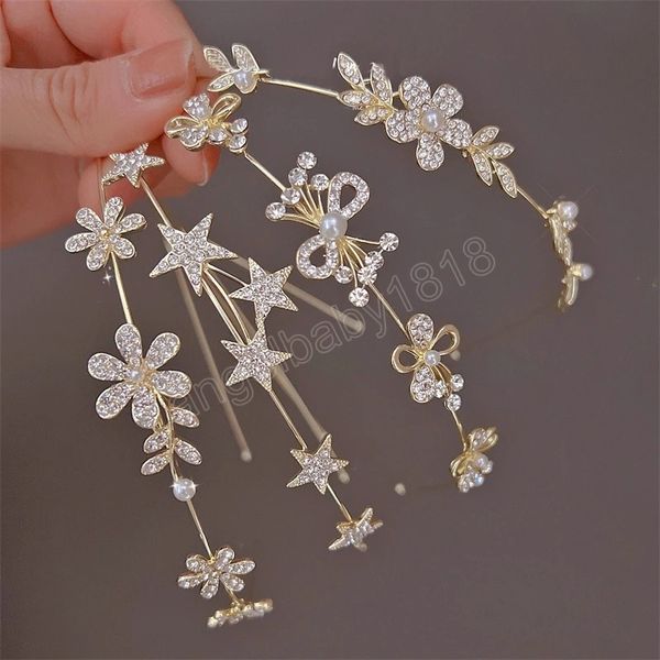 

gold color metal rhinestone flower star hairband for women sweet wedding hair accessories tiara elegant girls headband headwear, Slivery;white