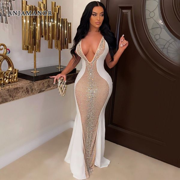 

casual dresses anjamanor fancy evening dress party nightclub sparkling crystal mesh sheer bodycon long maxi d35 gb44 220410, Black;gray