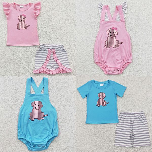 

wholesale baby girl clothes set cute dog embroidery cotton boutique kids sibling clothes girls boys summer outfits fashion boy rompers, White