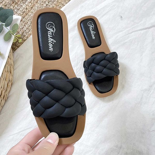 

sandals summer outdoor beach women's flat bottom slide women's sandals open toe leisure indoor pu leather square toe slide women&#, Black