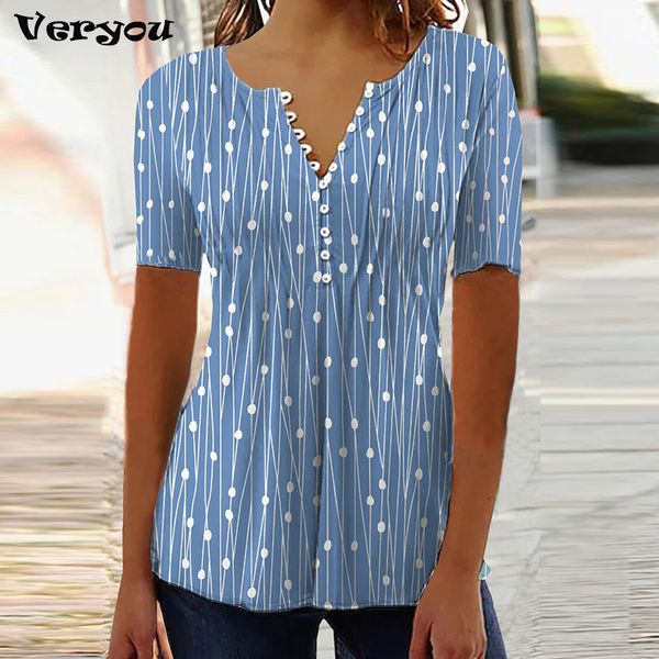 

women's t-shirt women's summer short sleeve t-shirt elegant geometric v neck casual polka dot print pullover tee shirt female clot, White