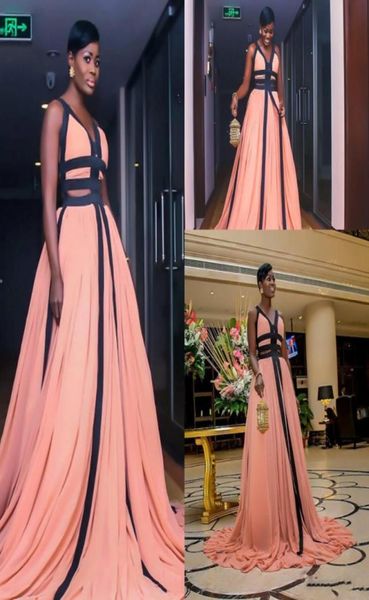 

two colors chiffon evening gowns spaghetti v neck south african simple prom dresses a line sweep train formal party dress9991757, Black