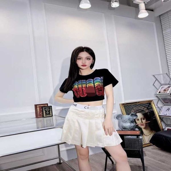 

designer new women t shirt shirt family 2023 spring/summer style heavy duty rainbow beads double shadow round neck sleeve t-shirt for women, White;black