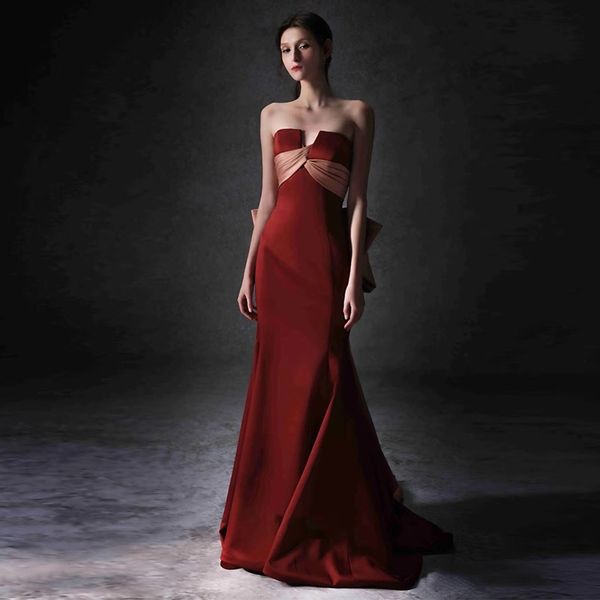 

elegant brick red celebrity dresses satin big bow strapless mermaid sleeveless slim fit long bride evening prom gowns new, Black;red