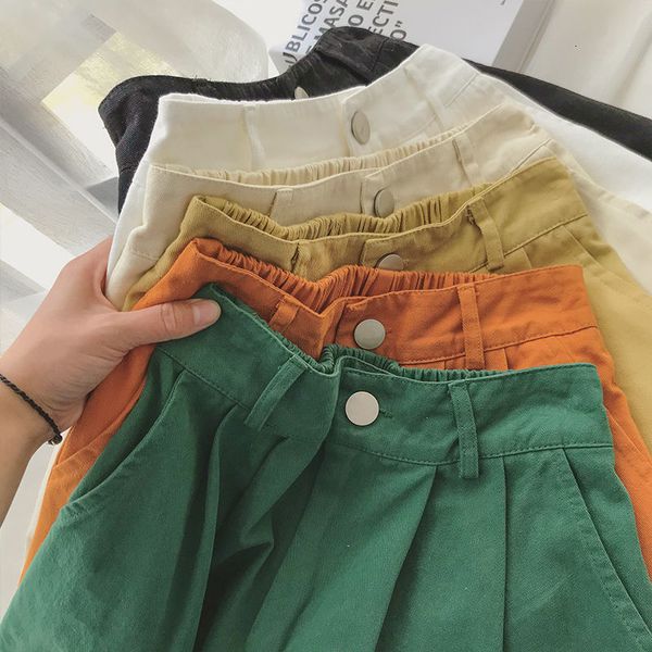 

women's shorts women's summer shorts korean style candy solid cotton casual wide leg bermuda shorts button flight high waist short, White;black