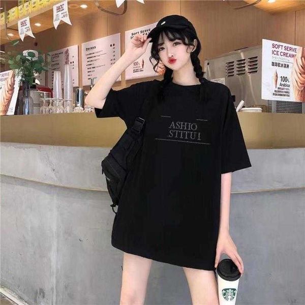 

2023 new women's tshirt shirt edition family rhinestone academy english diamond letter t-shirt sleeve, White;black
