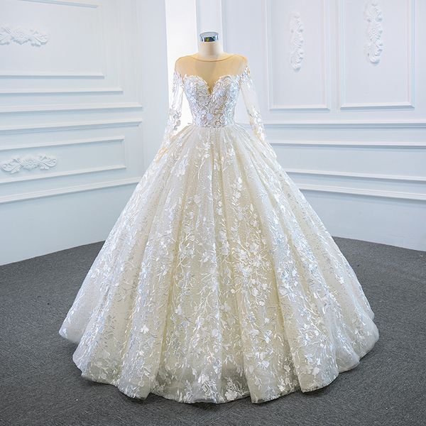 

embroidered wedding dress bridal gowns sheer long sleeves neck wedding dress for bride embellished lace embroidered romantic princess beach, White